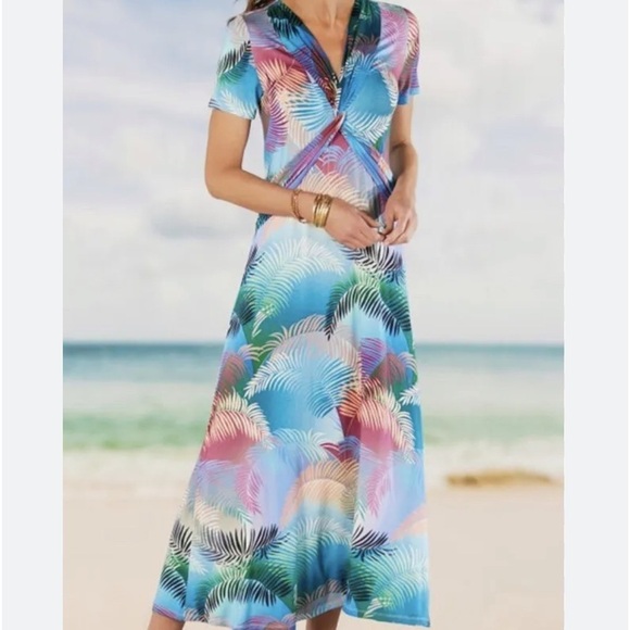 Soft Surroundings Anya Ombré Palms Tropical Midi Summer Dress Size 2X - Picture 1 of 6